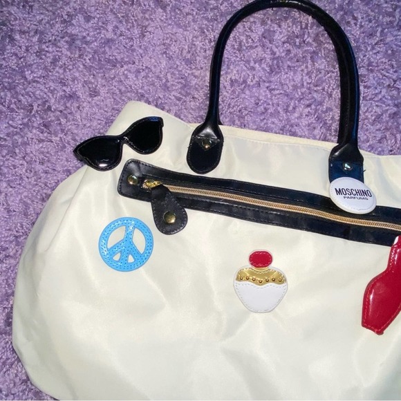 Moschino | Bags | Moschino Black White Shoulder Travel Tote  MOSCHINO Black & White Shoulder Travel Tote Duffel Bag Logo Purse Brooch Pin